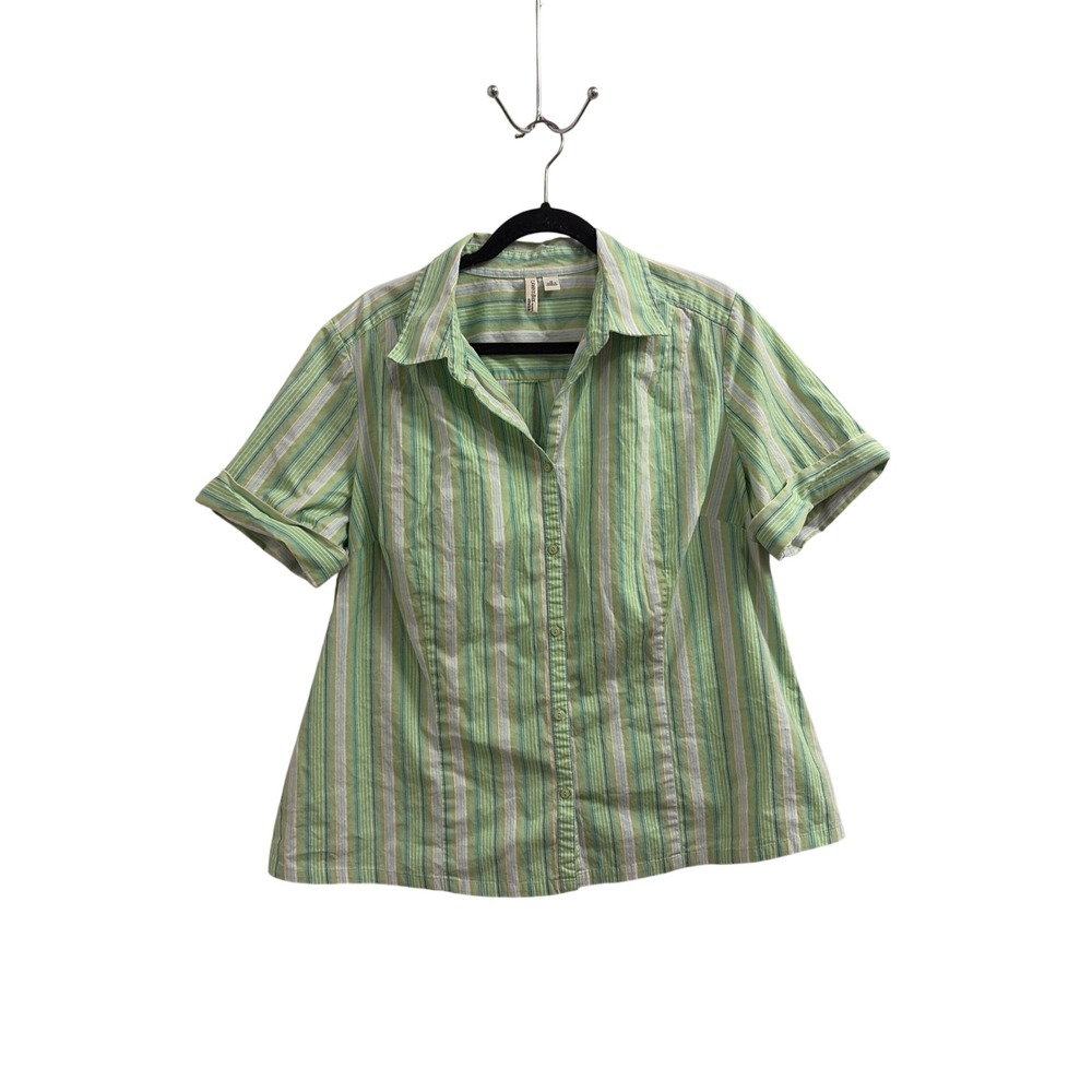 Button Down Shirt Striped Preppy St Johns Bay Woman 1X Green Short Sleeve